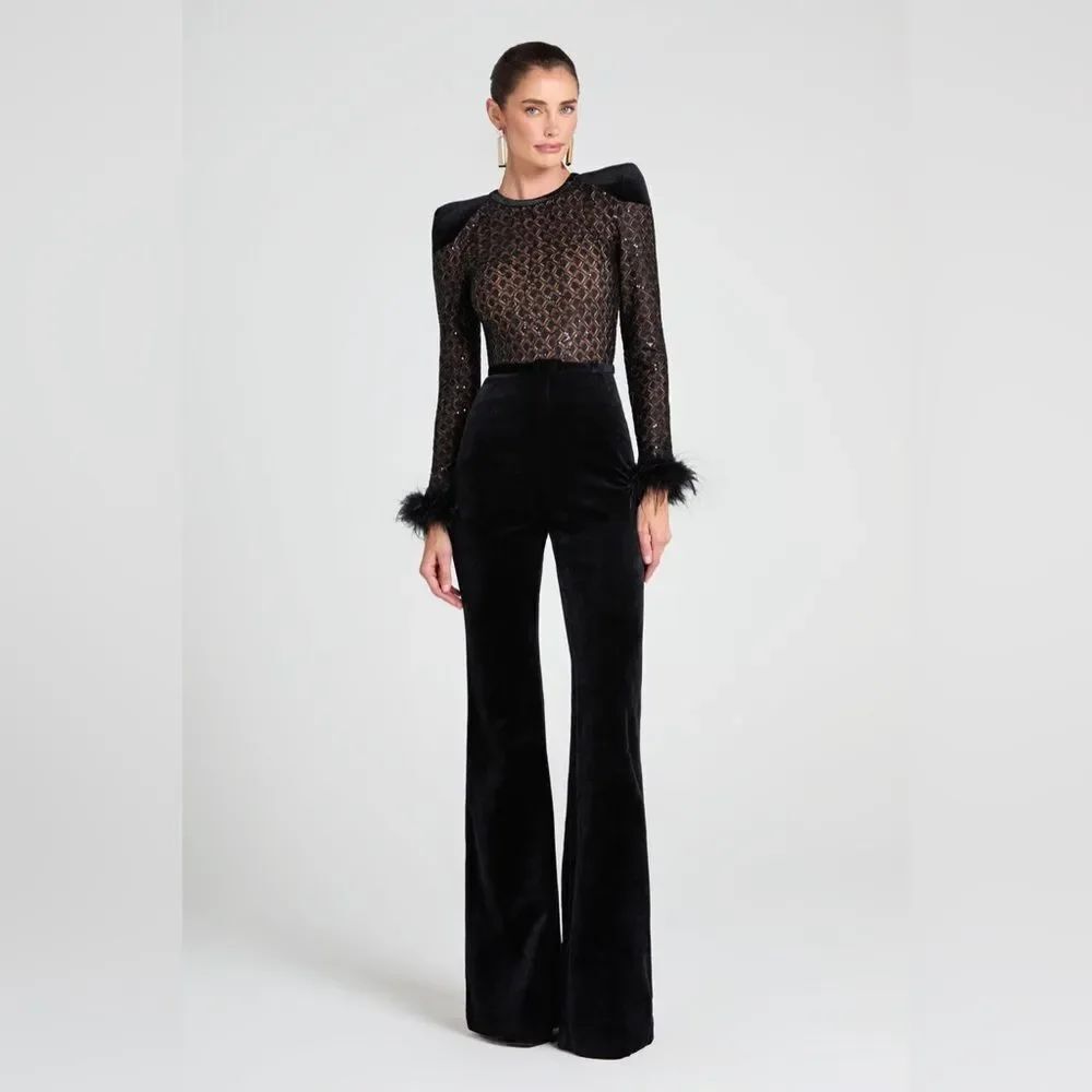 NADINE MERABI MONIQUE FLARE BLACK JUMPSUIT with Sheer Pattern Size xLarge